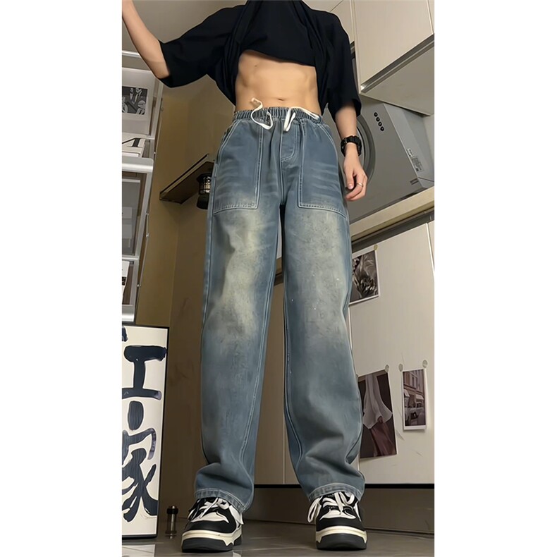 得物品质可二开宽松直筒松紧腰牛仔裤A439特P40,男装牛仔裤,电商A309