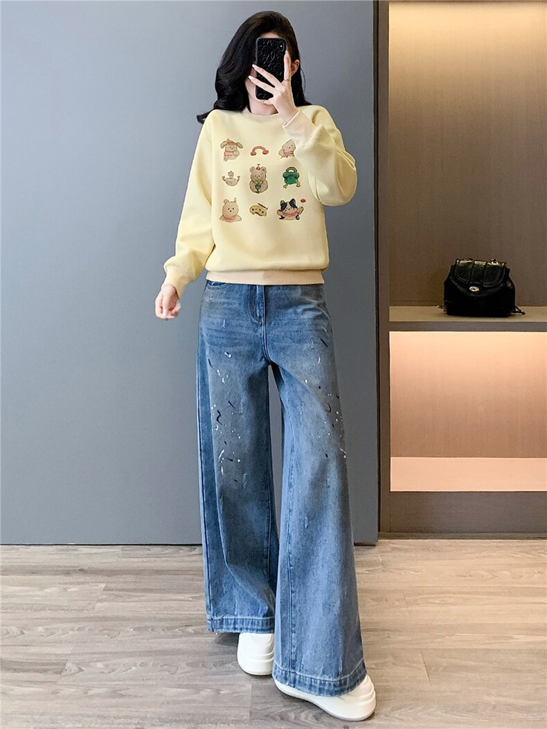 潮流时尚百搭套装女春季款时髦显瘦圆领印花长袖卫衣牛仔裤两件套,女装套装/套裙,江南