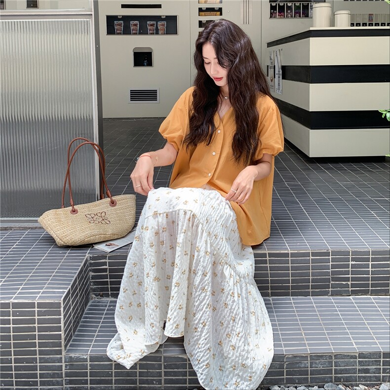 慵懒休闲韩系套装裙女夏2025新款宽松衬衫上衣碎花半身长裙两件套,女装套装/套裙,2C177