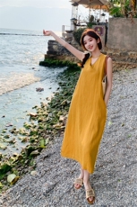 黄色简单大方的连衣裙女夏季2025新款宽松休闲松弛感无袖背心裙子，女装连衣裙，浙宝276（原081）