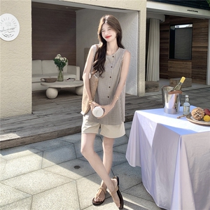 格纹套装女夏季2026新款韩系复古慵懒百搭显瘦背心高腰短裤两件套图片