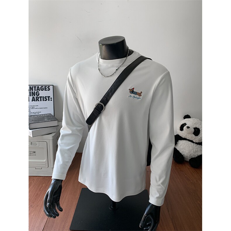 美式休闲t恤男秋季慵懒风半高领刺绣设计长袖上衣复古简约打底衫，男装T恤，电商A001-1