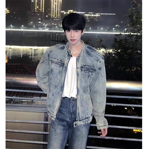 DY2305-P78美式水洗垫肩拼接牛仔外套潮牌夹克男-网图档口大货