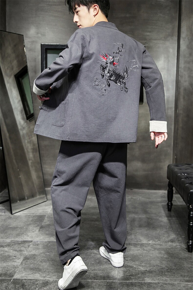A79P105室内风2024秋季新款汉服风麒麟刺绣套装长裤长袖,男装休闲套装,电商A026