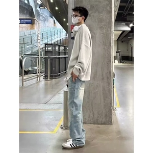 1506-1/K20171微喇/P46复古水洗垂感直筒牛仔裤男女浅蓝色长裤图片