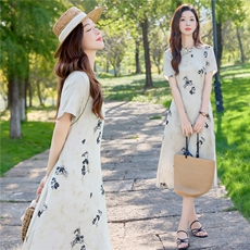 1006A时尚复古印花连衣裙，女装连衣裙，倪叶myz