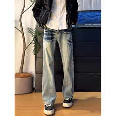 美式复古裂纹做旧cleanfit水洗街头牛仔裤潮牌高街设计感休闲长裤，男装牛仔裤，四季星座505