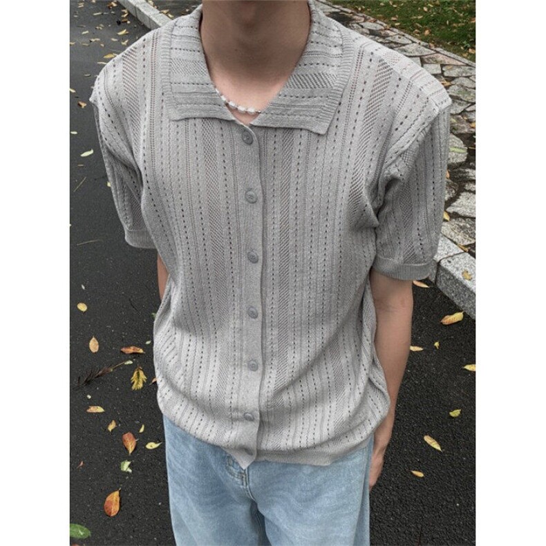 复古禁欲系镂空针织衫短袖男夏季翻领透气T恤港风开衫外套MB209,男装T恤,星座1116A（原606A-3）