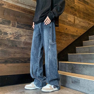 美式复古水洗牛仔裤男春秋款设计感小众工装裤潮牌宽松直筒阔腿裤图片