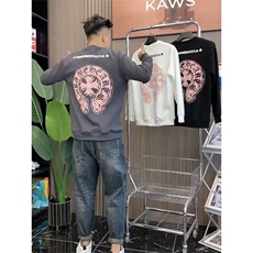 潮牌欧美洋气时尚高级复古白色长袖t恤男士梵文马蹄印花卫衣，男装T恤，星座506A