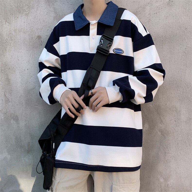 2023潮牌学院风拼色长袖Polo衫男刺绣字母美式复古宽松WY042-P35,男装卫衣,星座308B-1