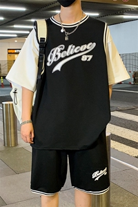 纯棉夏季短袖T恤套装宽松潮流篮球服男两件套男装F312P60控89图片
