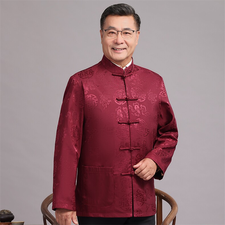 主推秋款中老年风唐装外套男中式复古盘扣汉服爷爷过生日外套,男装民族服装,钱塘723