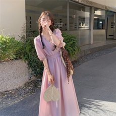 粉色法式温柔风连衣裙女夏季2025新款气质高级感亮片拼接v领长裙，女装连衣裙，2C098