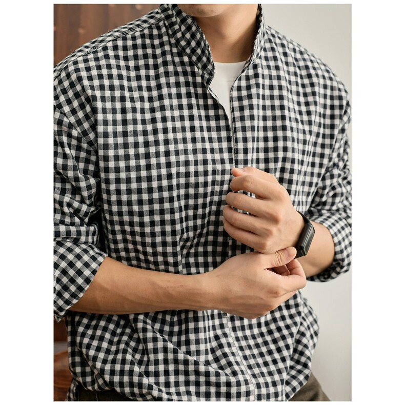 新款复古松弛通勤格子衬衫男女中性风高级长袖上衣潮，男装衬衫，星座410-7