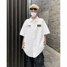 美式复古字母刺绣赛车风男女夏季小众设计情侣潮牌半袖衬衣，男装衬衫，星座505-2（原电商A260-1)