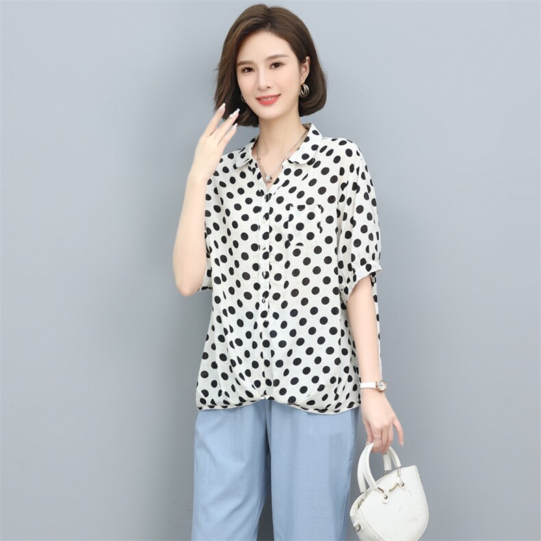 短袖衬衫女套头2022夏装新款韩版气质波点时尚宽松显瘦衬衣,女装衬衫,奕阳依阁