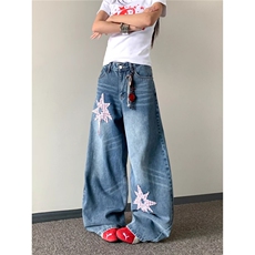 复古水洗星星贴布弯刀牛仔裤男女宽松微喇长裤ins秋季LB31266-P53，男装牛仔裤，星座1008