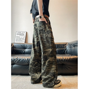 美式复古高街迷彩牛仔裤男女cleanfit宽松直筒休闲裤WH3044-p58图片
