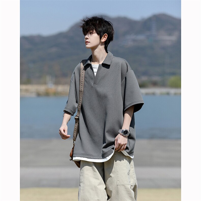 8XL-M假两件V领短袖t恤男夏翻领半袖宽松重磅华夫格大码DT001P40,男装T恤,电商B312
