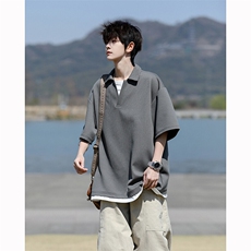 8XL-M假两件V领短袖t恤男夏翻领半袖宽松重磅华夫格大码DT001P40，男装T恤，电商B312