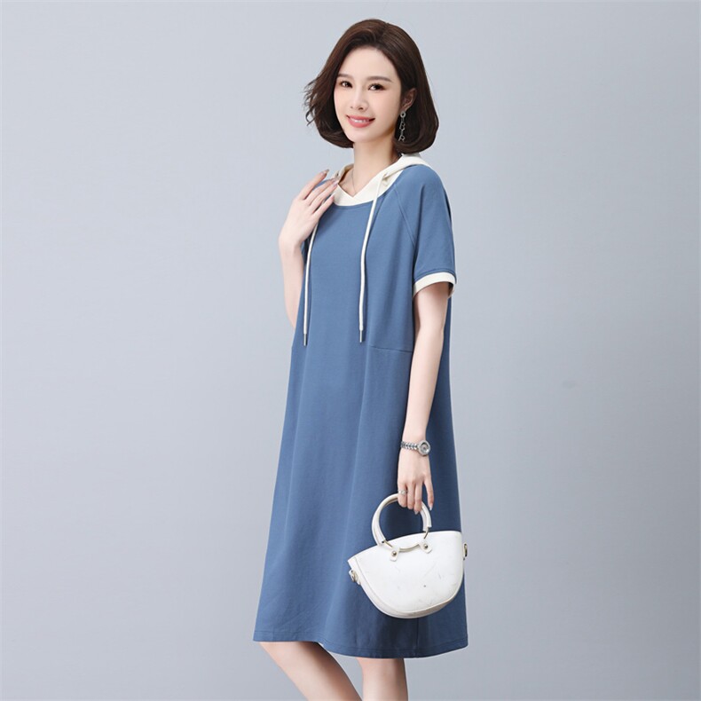 纯棉t恤裙女夏季长款过膝纯色休闲大码连帽连衣裙女显瘦洋气翻领,女装连衣裙,依恋蒂丝