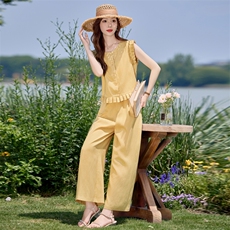 现货。薄款亚麻阔腿裤两件套时尚气质无袖上衣九分裤套装，女装套装/套裙，E百度