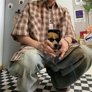 特批2025港风自拍  宽松时尚方格短袖衬衫男生衬衣 S221 P38控58图片