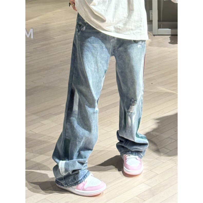 【有货】复古蓝泼墨破洞牛仔裤男款夏季美式vibe裤子KNZ01LL-P48,男装牛仔裤,星座1007（原301D）