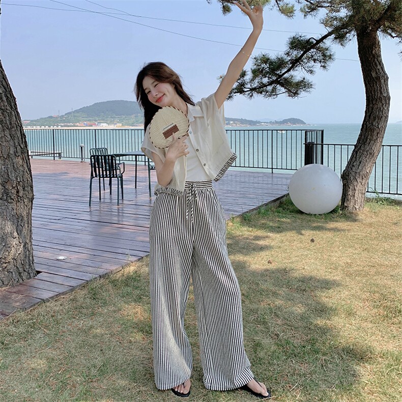 薄款条纹衬衫套装裤女夏高级感流行气质两件套时髦网红爆款炸街,女装套装/套裙,2C135