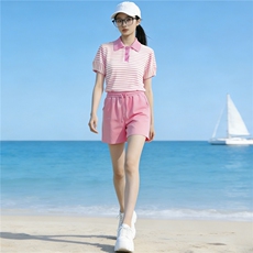 韩版运动休闲套装女夏季新款时髦减龄条纹Polo领上衣阔腿裤两件套，女装套装/套裙，江南