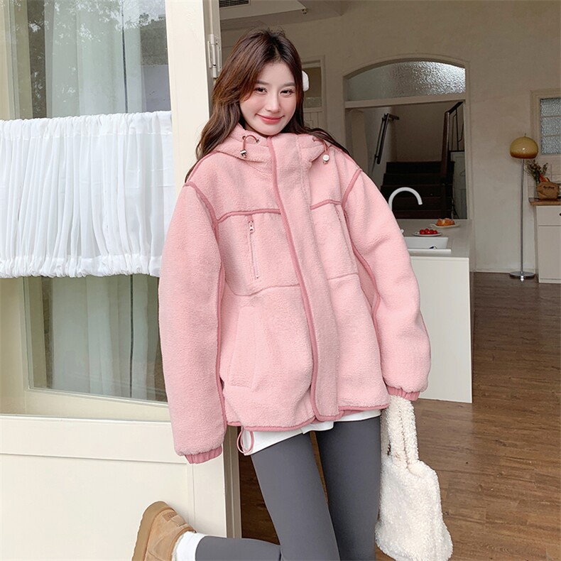 奶乎乎粉色连帽羊羔毛外套女冬季2025新款皮毛一体羊羔绒棉服加厚,女装短外套,2C269