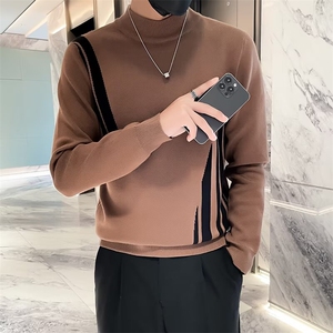 秋冬新款男士个性撞色半高领毛衣修身打底衫针织线衣 X6005图片