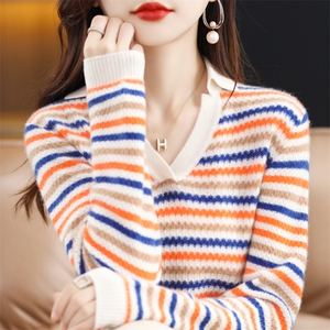 25秋冬款条纹100羊毛衫女V领拼色毛衣宽松羊绒针织衫翻领长袖上衣图片
