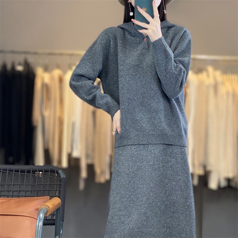 时尚简约一粒扣连帽毛衣套装显瘦百搭针织裙两件套,女装套装/套裙,宛庄羊绒