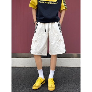 8XL-M三条杠工装短裤大码休闲运动中裤条纹冰丝五分裤DK1303/P48图片