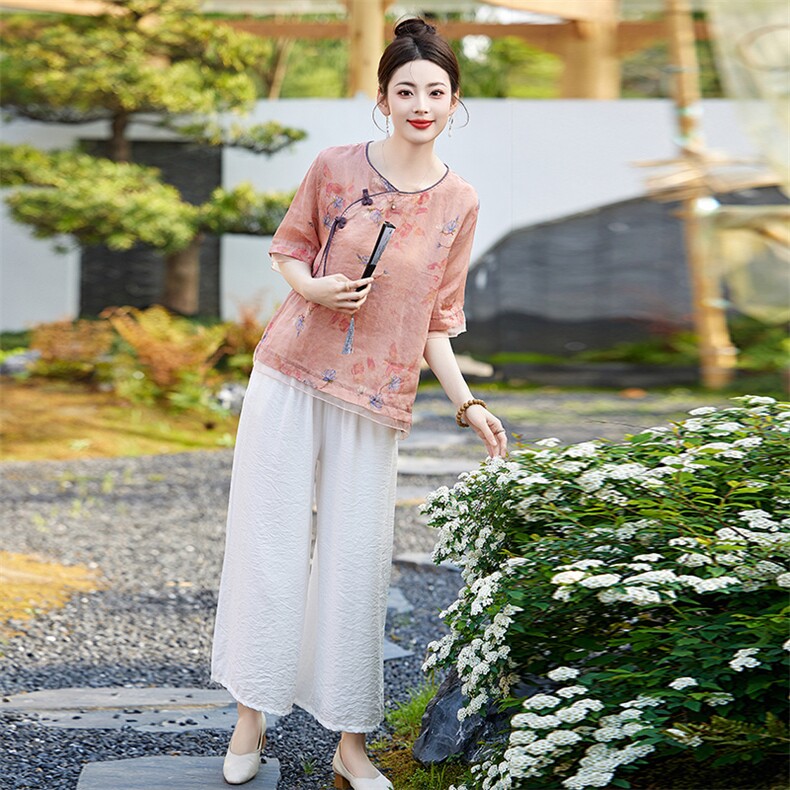 苎麻套装高端女装中式guo风印花上衣新款春夏季时尚棉麻阔腿裤，女装套装/套裙，衣之秀