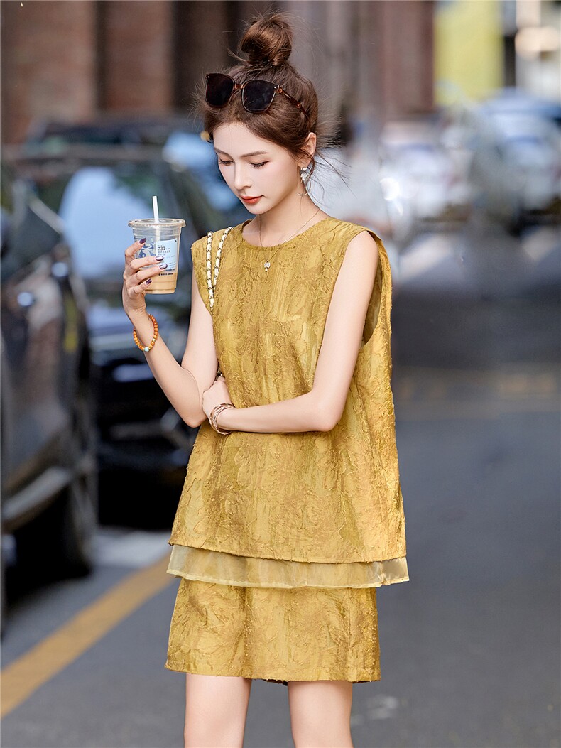 高级感时尚提花无袖套装女2025夏新款休闲气质减龄背心短裤两件套,女装套装/套裙,尚娜萱