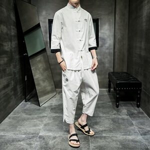 2021夏季新款中国风套装男大码唐装七分袖衬衫男休闲裤TZ073/P100图片