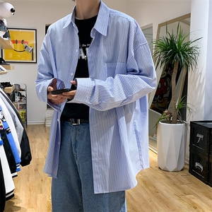 港风秋款男女衬衫竖条纹宽松休闲长袖衬衣加大码S-4XL CT22 P38图片
