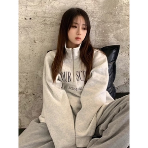 秋冬新款情侣休闲通勤简约半拉链翻领宽松长袖卫衣男女 WC306图片