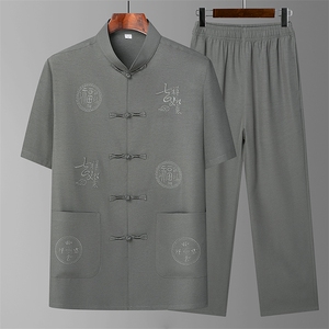 夏季新款中老年短袖衬衫唐装男士薄款长裤风套装 HO6950-P60图片