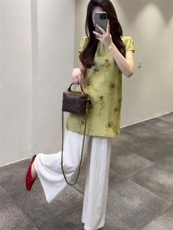 TOUCHMISS时尚气质套装女夏新中式盘扣旗袍短袖上衣阔腿裤两件套，女装套装/套裙，韩蔻秀