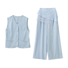 现货轻熟风气质套装女2026夏季麻料薄款西装马甲上衣阔腿裤两件套，女装套装/套裙，艾仟回(原伊仟回)