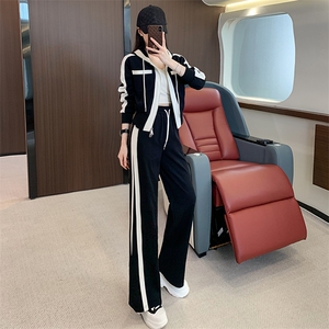 拼接撞色女秋修身开衫连帽外套阔腿裤套装图片