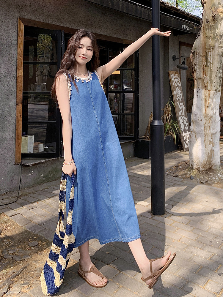 夏日辣妹穿搭无袖牛仔连衣裙女2025新款复古丹宁风设计感亮片长裙,女装连衣裙,浙宝276（原081）