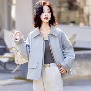 黄色美式复古格纹拼接假两件夹克女2025初春新款设计感休闲短外套图片