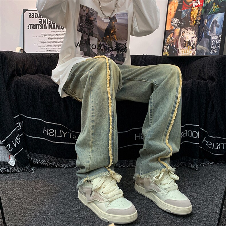美式ins高街hiphop重工艺水洗毛边牛仔裤货号K712P65,男装牛仔裤,电商A063