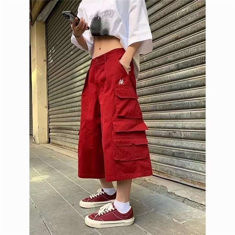 红色多口袋阔腿工装裤男女夏季美式街头宽松直筒七分裤休闲裤子潮,男装牛仔裤,星座218-1（原230）