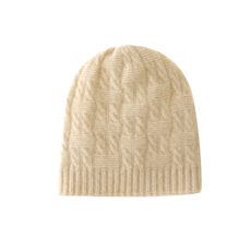 出口订单秋冬纯山羊绒针织帽子女加厚绞花狐狸毛球护耳毛线帽时尚，帽子，轩妮羊绒